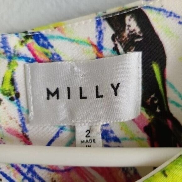 Milly of NY Multi Color Scribble Sheath Cocktail Mini Dress Size 2 Cap Sleeve - Picture 4 of 10